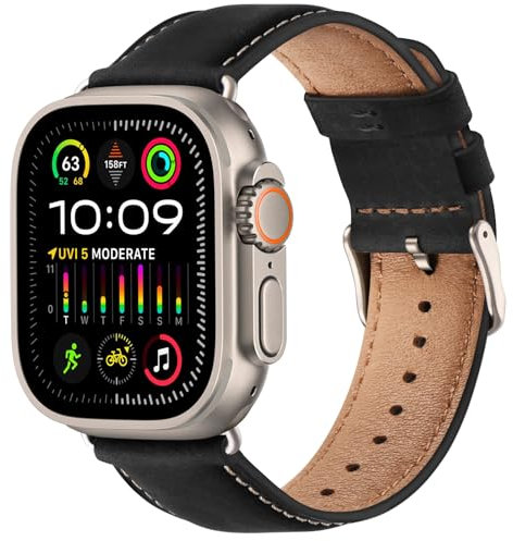 WFEAGL Compatible pour Bracelet Apple Watch 44mm 45mm 49mm 46mm 42mm(Séries 3 2 1), Bracelet de Cuir Véritable Remplacement pour iWatch Séries 10 9 8 7 6 5 4 3 2 1/SE/Ultra(Noir/Lumiere stellaire)