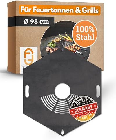 Feuerfest 123 Grillplatte eckig I Ø 98cm I Feuerplatte aus Feinkorn-Stahl I Massive Plancha-Platte mit 4mm Stärke I Grillaufsatz für Feuerschale, Feuertonne, BBQ-Grilltonne & Kugelgrill