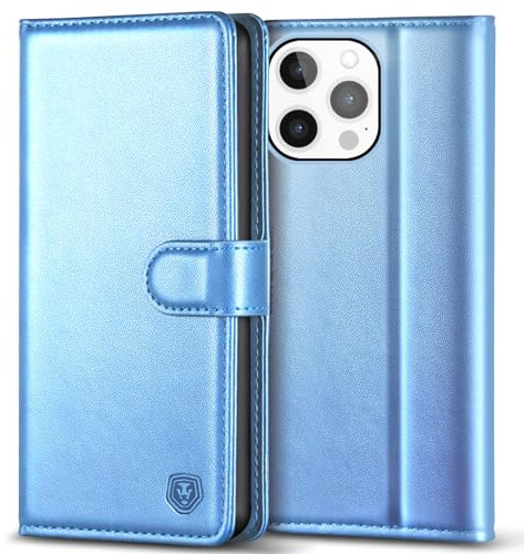 Kuafcase Compatible for iPhone 13 Pro Max Case with 4 Card Slots Magnetic Closure Kickstand Shockproof Protective Phone Case Compatible for iPhone 13 Pro Max - Sky Blue