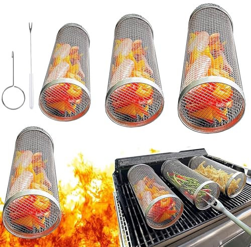 Lvpradior 3 cestini per grigliare, in acciaio inox, portatile, griglia per barbecue 304, griglia rotonda per barbecue, per verdure, pesce e patatine fritte