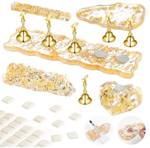 Saviland Kit Support de Capsule, 6 Jaune Support Nail Art avec 40 morceaux de pâte adhésive, Support à Ongles en Acrylique Praticque, Support d'Entraînement à Ongles Magnétique pour Nail Art Debutant