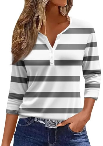 Generic HUIFUAO T-shirts pour femmes, T-shirts d'été à boutons avec col en V et manches 3/4 pour femmes, haut rayé de couleur, t-shirt d'été basique pour femme, coupe ample, A02 Gris, M