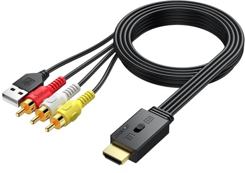 AUTOUTLET RCA auf HDMI Konverter, 1080P AV auf HDMI Adapter AV zu HDMI unterstützt 16:9/4:3 Konvertierung, PAL/NTSC, Cinch auf HDMI Adapter mit 150cm Männlich-RCA Kabel für DVD-, VHS- und VCR-Spieler