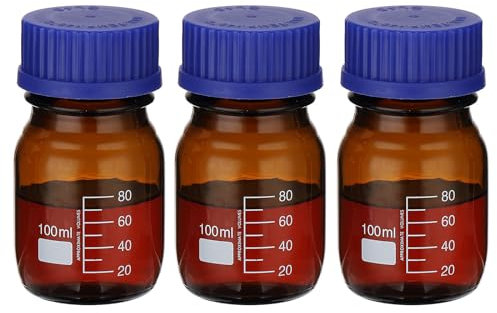 PATIKIL 3 Pack Reagent Media Storage Bottles, 100ml Borosilicate Glass Graduated Round Bottles with GL32 Blue Screw Cap for Lab Water Reagent Liquids, Amber