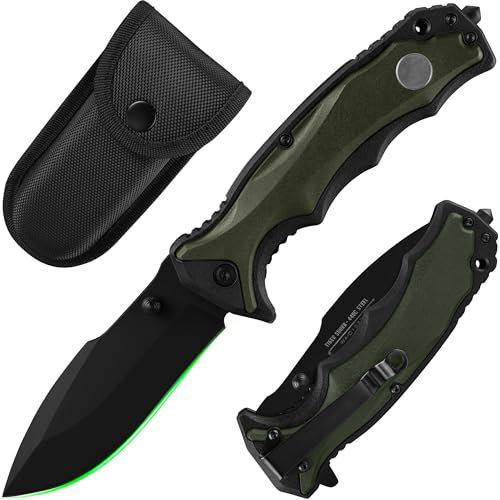 FULLHI navaja de bolsillo plegable con funda, 440C hoja de acero con clip de bolsillo, camping supervivencia senderismo cuchillos para hombres, mujeres (ferroso)