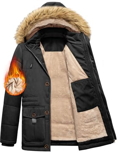 FemiChic Men's Winter Coat Fleece Lined Jacket Warm Thick Parka Padded Thermal Overcoat Hooded Windproof Outwear with Multi-pocksts(Black,L)