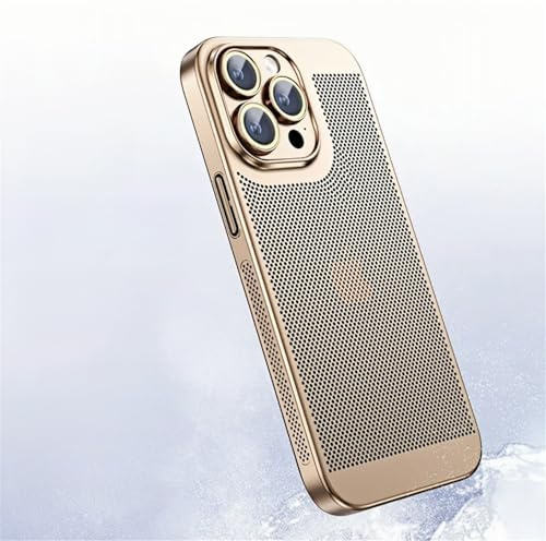 Tybiky Wärmeableitungs Hülle Kompatibel mit iPhone 14 Galvanik Feine Lochschutz Handyhülle Ultradünne PC-Abdeckung Schutzhülle Neue Mattes Gefühl Kühlendes Atmungsaktives Case,Gold