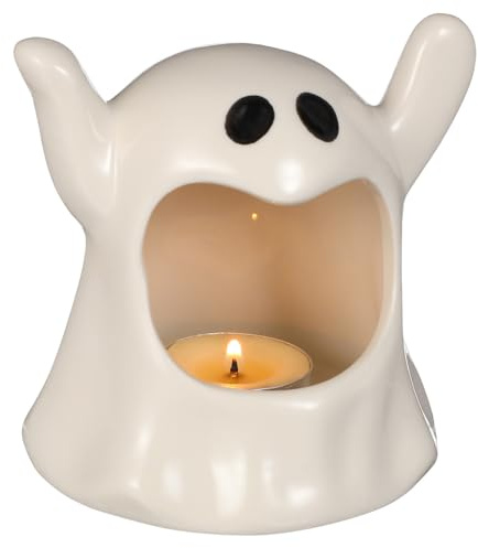 TOPBATHY Geist Teelichthalter aus Keramik, 11 cm Halloween Tischdeko | Weiße Geisterform, Kompakte Kerzenaufnahme für Regal, Fensterbank und Saisonale Arrangements