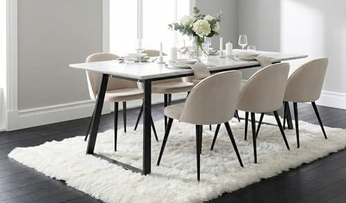 ebuy24 Essgruppe mit 6 Stühlen - Malaga Esstisch 90x200 cm Weiß mit 6 Skagen Stühlen Beige Velours skandinavisch Esszimmerset Tischgruppe 6 Personen Skandi Design Essbereich Esszimmermöbel