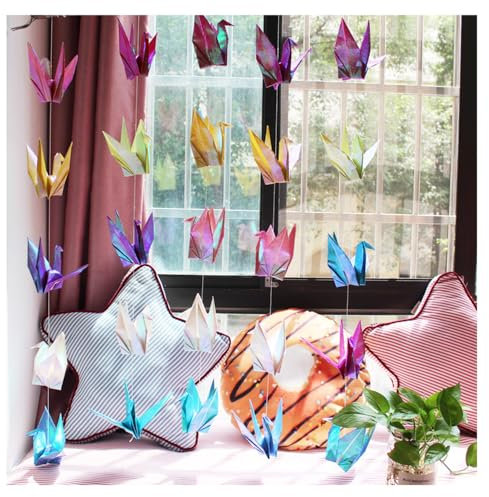 SMTCM Glitzer Origami Papier Kranich Girlanden zum Aufhängen Papierkraniche handgefertigt vorgefertigt gefaltet Origami Papier Vogel Luftschlangen für Frieden Hochzeit Geschenk Party(5Saiten,50Stück)