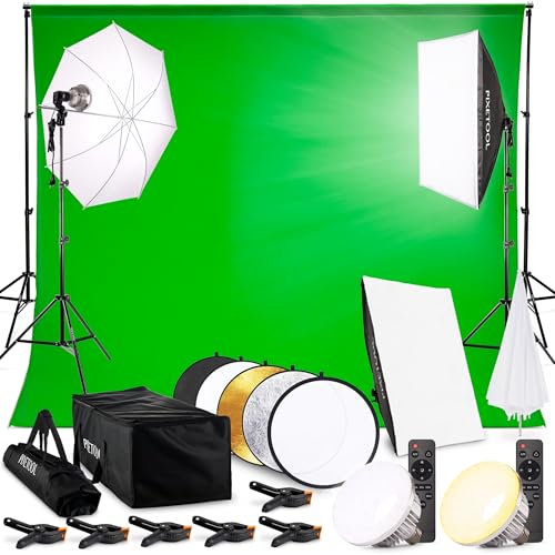 PIXETOOL Set Studio Fotografico - Softbox - Green Screen (3 x 3 m) con Supporto (3 x 2,6 m) - Fondale fotografica – Lampada - Sfondo - Luce Fotografiche Per Video Foto - Fotografia Streaming