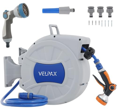 VELPAX Retractable Hose Reel Wall Mounted,25m Garden Hose Pipe Reel,with 8 Adjustable Spray Gun Nozzles,180° Pivot Swivelling,Outdoor Flexible Hose Reel Set for Garden Patios and Balconies