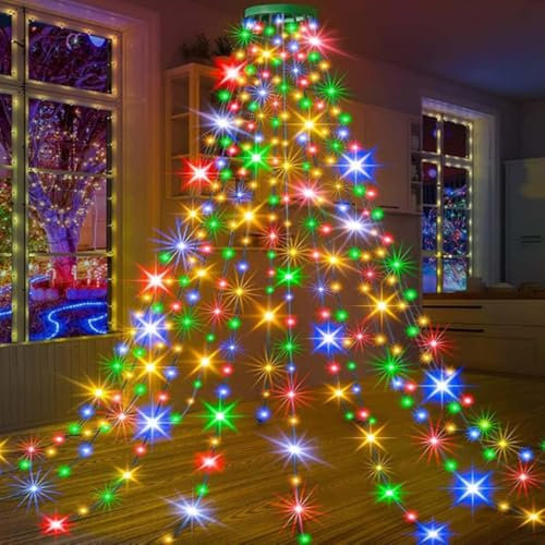 Christmas Tree Waterfall Lights With Ring, 6.5Ft Cascading 280 LEDs, 8 Modes With Remote Control, IP44 Waterproof Fairy String Lights for Xmas (Multicolor)