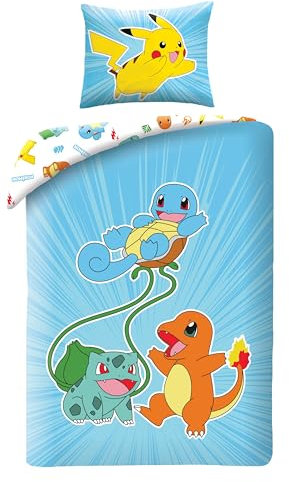 Bettwäsche Pokemon 135x200 + 80x80 · Pokémon Pikachu, Glumanda, Schiggy & Bisasam · KinderBettwäsche Set 2-teilig Bettbezug + Kissenbezug · Deutsche Größe · Microfaser
