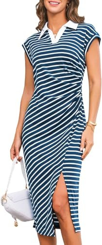GRACE KARIN Women Midi Bodycon Dress Short Sleeve V Neck Shirt Dress Casual Polo Dress Blue S