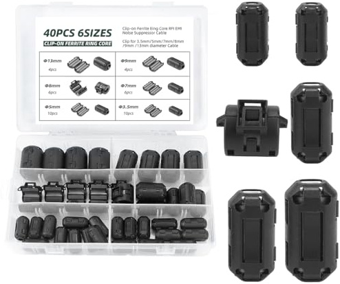 YOYEAH 40 Stück Ferritkerne für Kabel - Ferritfilter Klappferrit Set mit 6 Verschiedene Größen - Ferritkern Ring - Entstörfilter für Kabel RFI EMI - Schwarz - Innendurchmesser von 3.5 mm bis 13 mm.