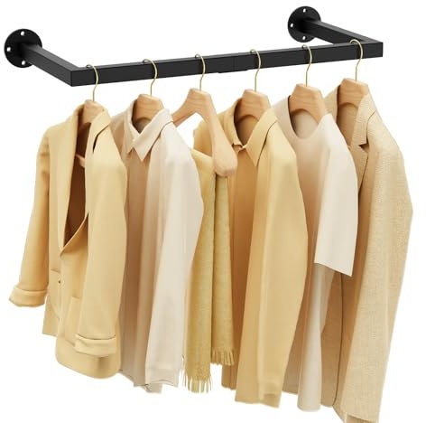 Yawinhe 64cm Kleiderstangen für die Wand, Industrieller Rohr Kleiderständer, Platzsparend, Wandregal Küchenregal, Kleiderstange mit 2 Sockeln, für Zuhause, Schwarz, 1-Pack, SYJ64B-1