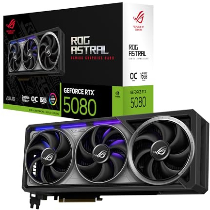 ASUS ROG Astral GeForce RTX™ 5080 OC Edition Graphics Card, NVIDIA (PCIe® 5.0, 16GB GDDR7, HDMI®/DP 2.1, 3.8-Slot, 4-Fan Design, Axial-tech Fans, Patented Vapor Chamber, Phase-Change GPU Thermal Pad)