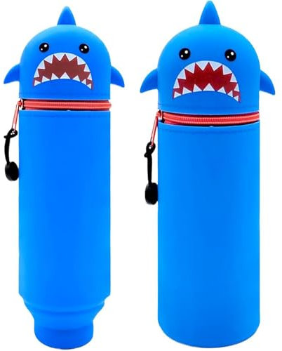 MPXEAVG 2 in 1 Weiche Silikontasche Kawaii Federmäppchen, Stiftetasche Buntstifte Marker, Cartoon Federmäppchen, Niedliche Schulbedarf Mädchen Junge, Gerade (Hai)