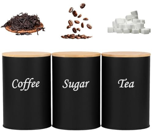 shaojian 3Pcs Coffee Tea Sugar Canisters 1000ML Black Metal Tea Coffee Sugar Canisters Set with Airtight Bamboo Lid and Name Marker, Simple Design Kitchen Food Storage Container (Black, Cylinder)