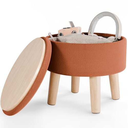 BRIAN & DANY Hocker mit Stauraum, Fußhocker mit Holz Beine und Deckel, Kleiner Rund Sitzhocker als Fußablage oder Fußstütze für Wohnzimmer Schlafzimmer, Ø 33x32 cm, Samt, Orange