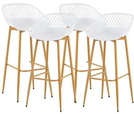 buybyroom Chaise de Bar Lot de 4, Tabouret Bar Chaise Haute pour Cuisine, Îlot Central, et Extérieur, Tabouret Haut avec Dossier et Pieds en Métal, Hauteur Assise 68cm, Blanc