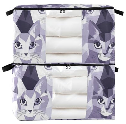 Cats Face lilla e grigio argento senza cuciture 60/95 L organizer per armadio con cerniera e portaoggetti con manici rinforzati, contenitori trasparenti con finestre con coperchi per coperte, trapunte