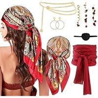 Rbleote Piratenkostüm Damen mit Zubehör,Piratenkostüm,mit 6 Stück Piraten Accessoires Damen,Piraten Kopftuch, Taillenkette, Haarschmuck, Ohrringe für Halloween Karnevals Party（Rot