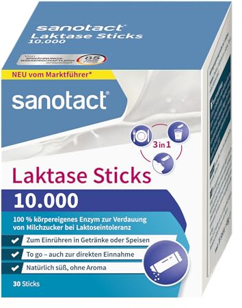 sanotact Laktase Sticks 10.000 – 30 Sticks – 3-in-1 Laktase Pulver zur Unterstützung bei Laktoseintoleranz – Sofortwirkung – ohne Aroma – direkt, im Getränk oder Essen einnehmbar