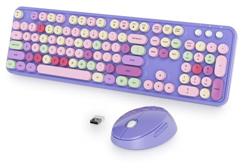 Vumilstek Purple Keyboard and Mouse Set Wireless, American QWERTY Retro Typewriter 2.4GHz Full Size Round Keys with Number Pad for Students Home Office PC Laptop(Colorful Purple)