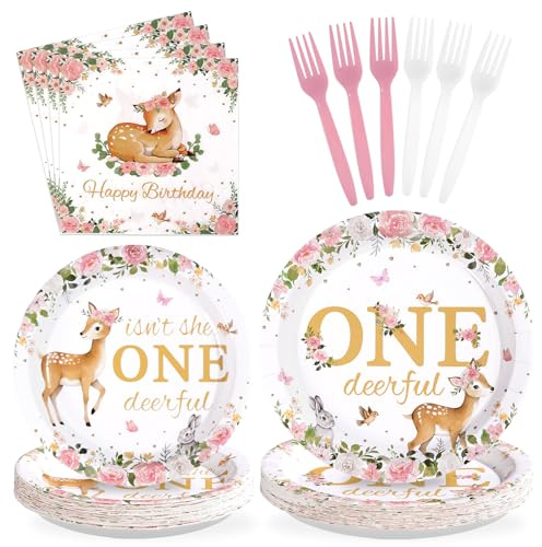 96-teiliges Partyzubehör mit Aufschrift Isn't She Onedeerful, rosa Hirsch-Mädchen, 1. Geburtstag, Teller und Servietten, rosa Hirsch, Geschirr-Set für ein Jahr, Mädchen, Blumenmuster, 1. Geburtstag