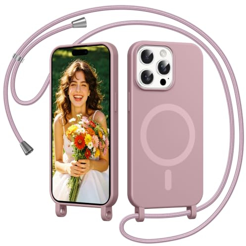 Coiwxmoi Handyband Handyhülle für iPhone 14 Pro Max Hülle mit Band, [Kompatibel mit MagSafe] Magnetisch Necklace Silikon Case mit Verstellbar Abnehmbar Kordel zum Umhängen Stoßfest Schutzhülle, Rosa