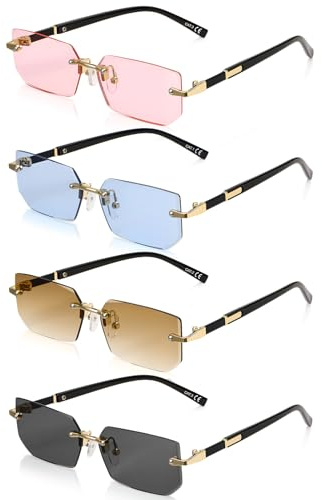Utensilsto 4 Stück Rahmenlose Rechteck Sonnenbrille, Vintage Retro | Rave Brillen für Damen Herren, Quadratische Gläsern, Getönte Sonnenbrille, Klassische