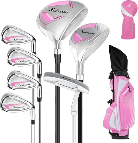 XDriveMax 8-Piece Left/Right Hand Complete Golf Club Set for Men & Women: Wood, Hybrid, Irons, Putter & Bag - Beginner Friendly, High Distance & Accuracy,Right,Pink