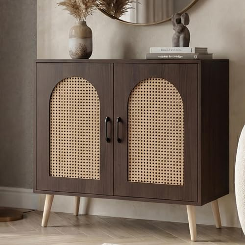 Mendler Kommode HWC-P51, Schrank mit Türen Anrichte Staufächer, Poly-Rattan MDF Melamin 79x80x40cm - Walnuss-Optik