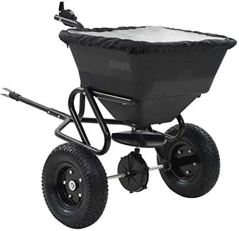 Mokuyary Handstreuwagen Salzstreuer zum Ziehen PVC Stahl 125x74x79cm 45L Saatgutstreuer Streuer, Streuwagen für Salz, Dünger, Rasen Saatgut