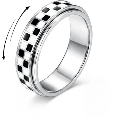 KRFY Anti Stress Ring Edelstahl Anxiety Fidget Ring für Damen Herren | Schachbrett Antistress Spinner Fidget Ring, Anti-Stress Roller Ringe,Anti-Angst Spinner Ring zur Stresslinderung