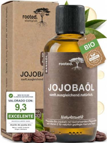 rooted.® BIO jojobaolja | [100 % ren & kall prest] | nativ | för ansikte, kypert, hår, skägg och naglar | för oren hud och finnar | fukt och vård | naturlig olja vegansk