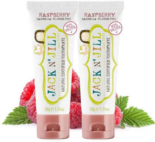 Jack N' Jill Kids Natural Toothpaste, Made With Natural Ingredients, Helps Soothe Gums & Fight Tooth Decay, Suitable From 6 Months+ - Raspberry Flavour 2 x 50g
