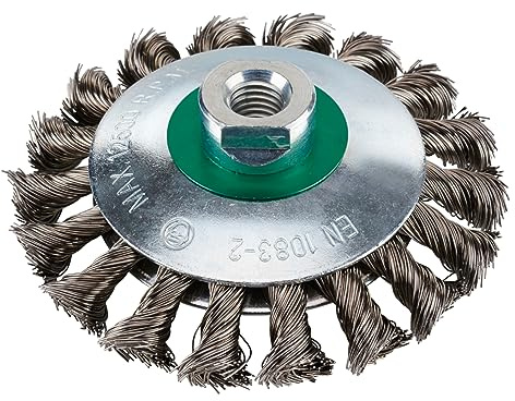 RHODIUS EKBZ | 1x Stück Ø 115 mm Kegelbürste Edelstahl | gezopfter Draht 0,5 mm, M14, Drahtbürste Winkelschleifer, Reinigungsbürste, Stahlbürste