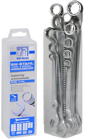 SW-Stahl 00192L Gabelringschlüsselsatz 6-22 mm gekröpft, 15-teilig I Maulschlüssel-Set I Ringschraubenschlüssel I Doppel-Schraubenschlüssel I Ringmaulschlüssel I Gabelschlüssel-Satz I Ringschlüssel