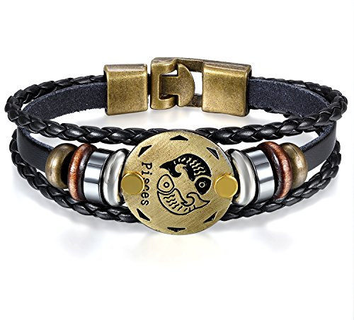 JewelryWe Schmuck Herren Damen Fische Armband, 12 Tierkreis Sternzeichen Horoskop Charms Druckknopf Armreif, Leder Legierung, schwarz