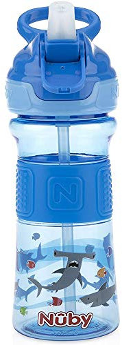 Nuby Thirsty Kids Push Button Flip-it Soft Spout on The Go Water Bottle with Easy Grip Band, Blue Sharks, 12 Oz
