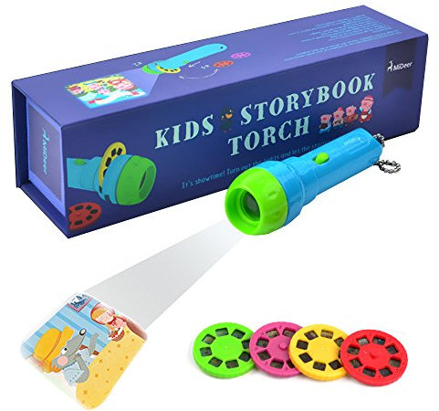 Pueri - Linterna proyector de bolsillo, juguete para niños, 4 cuentos, juguete educativo