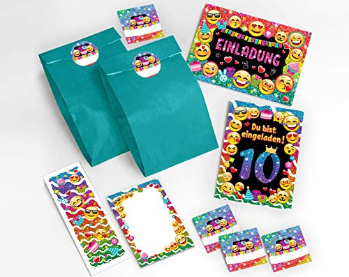 JuNa-Experten 12 Einladungskarten 10 Geburtstag Mädchen Einladung zehnte Kindergeburtstag Einladungen zum Geburtstag incl. 12 Umschläge, 12 Tüten/blau, 12 Aufkleber, 12 Lesezeichen, 12 Notizblöcke