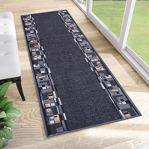 TAPISO Anti Rutsch Teppich Läufer rutschfest Brücke Meterware Modern Blau Dunkelgrau Braun Vierecke Design Flur Küche Wohnzimmer 100 x 1200 cm