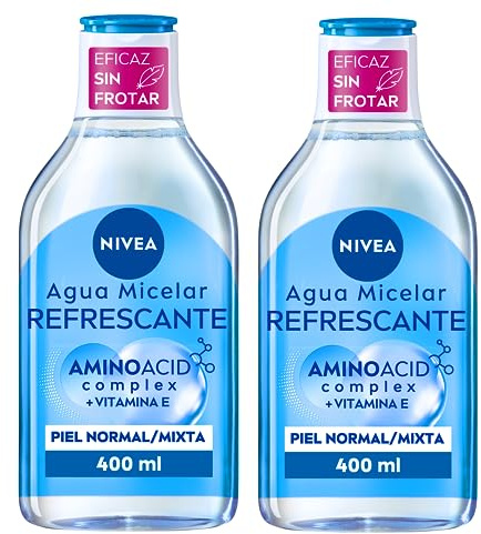 NIVEA Agua micelar Refrescante Piel Normal/Mixta en Pack de 2 (2 x 400 ml), desmaquillante para Limpieza Facial con Vitamina E, desmaquillador de Ojos y Rostro
