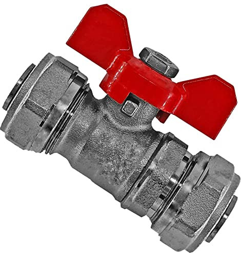 MegaHaustechnik Kugelhahn aus Messing mit Flügelgriff rot für 26,0 x 3,0 mm Rohr Außendurchmesser x Wandstärke Mehrschicht Aluminium Verbundrohr Schraub Fitting Anschluss Klemmring Verschraubung