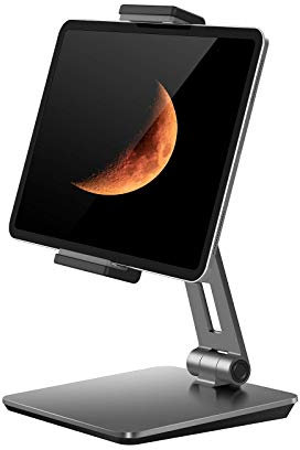 QinCoon Tablet Ständer, Verstellbar Heavy Duty Aluminium Halterung, 360° Drehen Faltbar Metall Tablet Halter für iPad, Samsung Tab, Kindle (4,7-13 Zoll) (Grau)