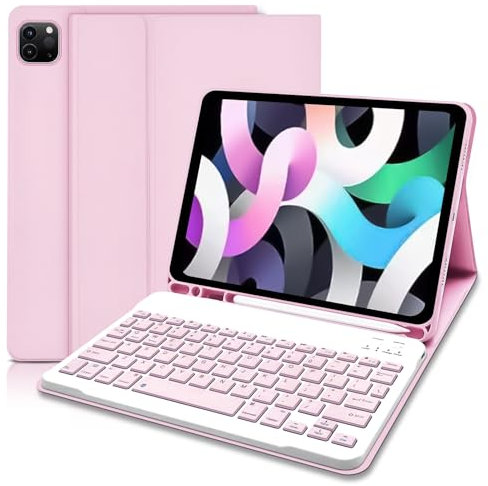 iPad Air 5th Generation Keyboard Case 10.9“2022, Slim Smart Keyboard Case for iPad Air 5th Gen 2022/Air 4th Gen 2020 10.9 Inch/Pro 11 2018, Detachable Wireless Keyboard with Pencil Holder (Pink)